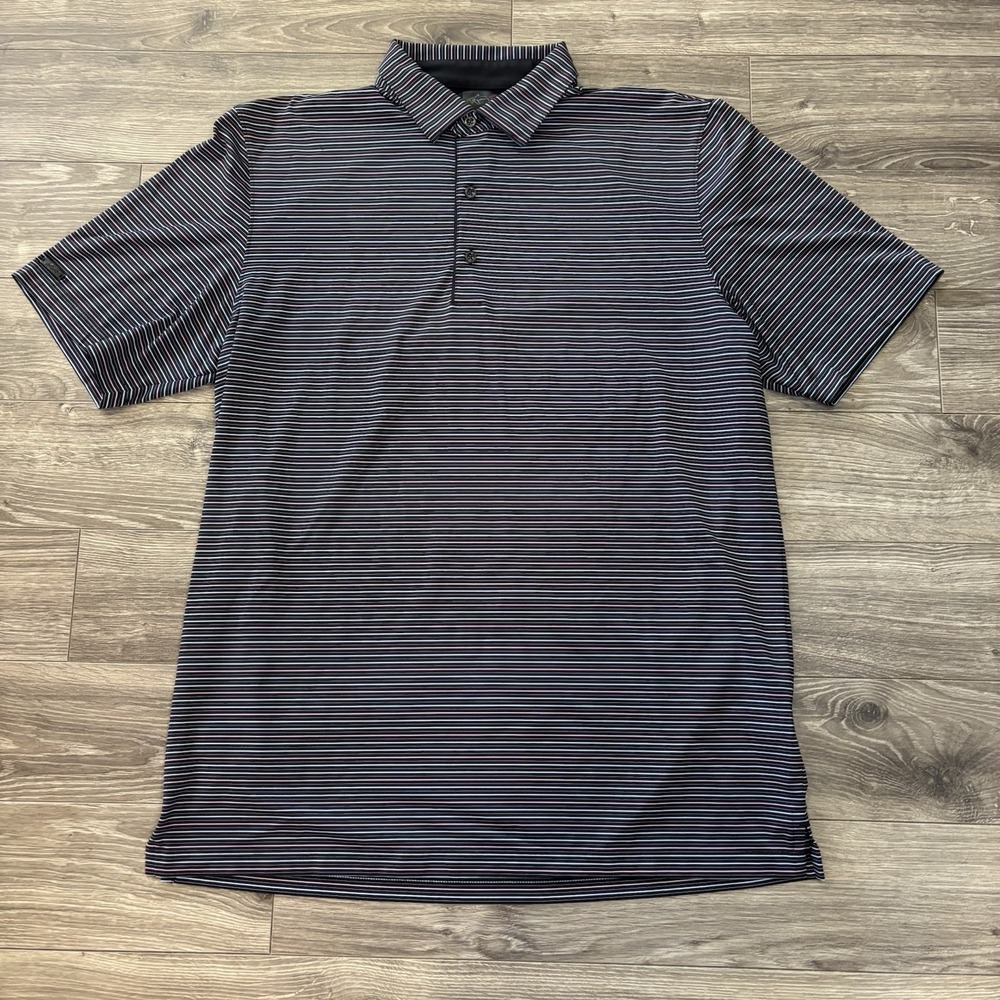 GREG NORMAN ML75 Stretch Golf Polo‎ Mens L Pink Blue Striped Shark Lightweight